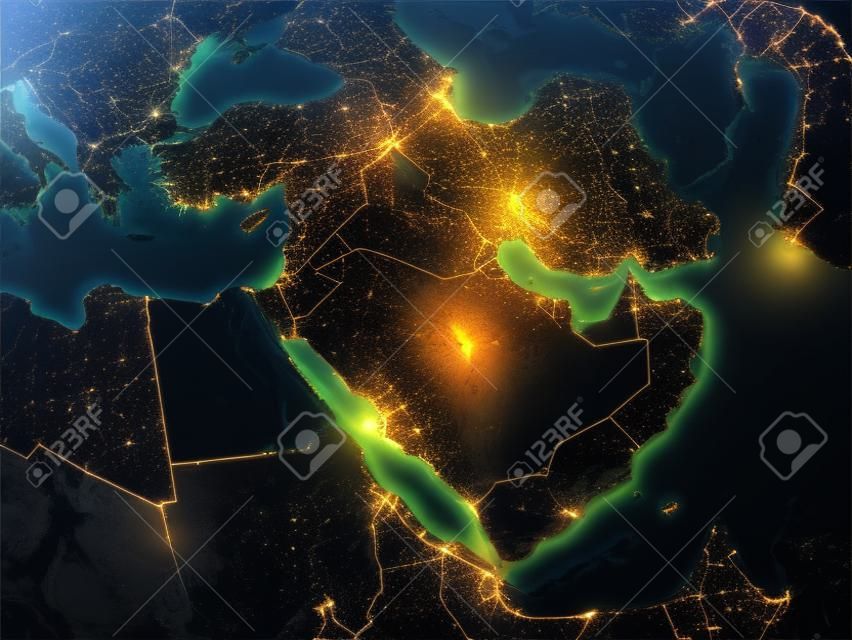 Middle East from space on Earth at night. Very fine detail of the plastic planet surface with bright city lights. 3D illustration.