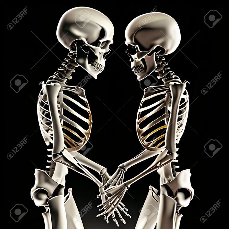 Due scheletri in una posa romantica amorevole.