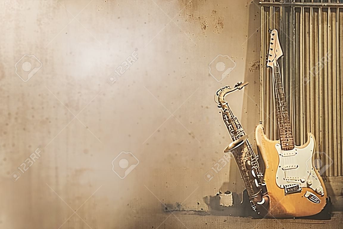 viejo saxo grunge con la guitarra eléctrica en el look retro
