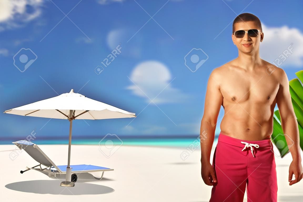 Man on beach at Maldives, South Male Atoll. Collage.