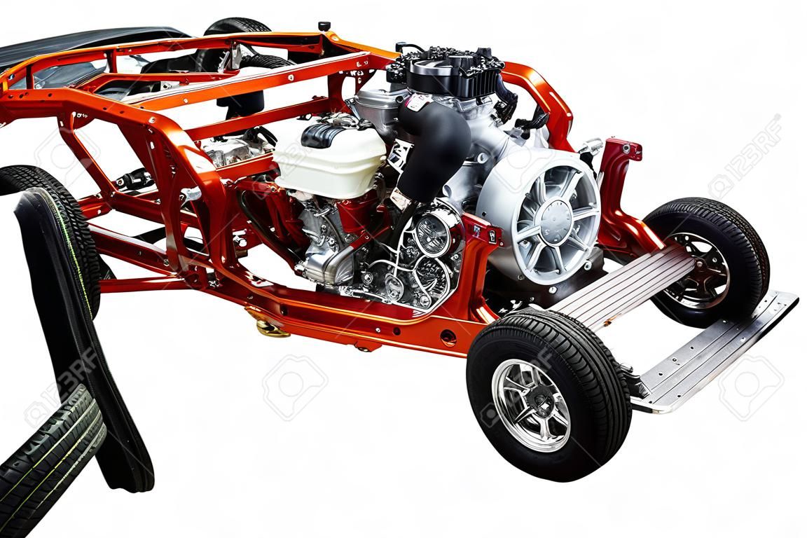 Car chassis with engine isolated on white