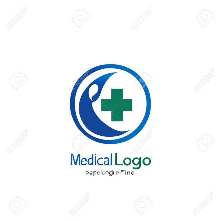 medical logo design with happy people illustration and plus sign, modern hospital logo inspiration template vector