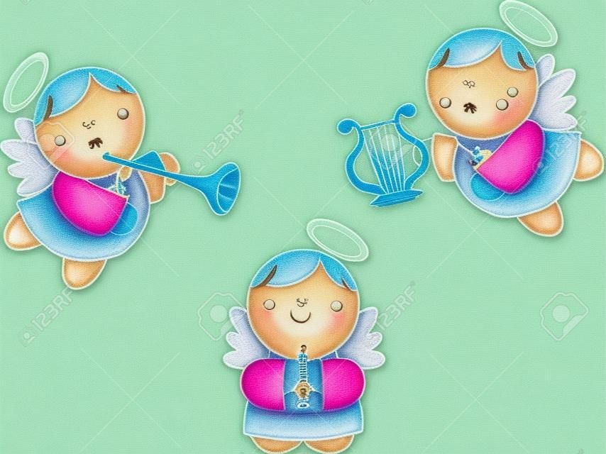 set van schattige baby kleine engeltjes cherub met harp, trompet en kaars