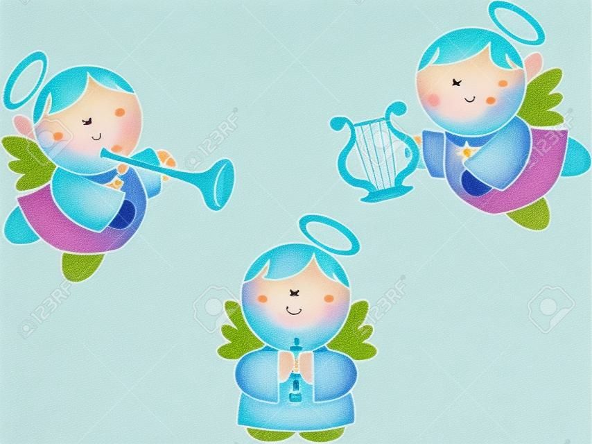 set van schattige baby kleine engeltjes cherub met harp, trompet en kaars