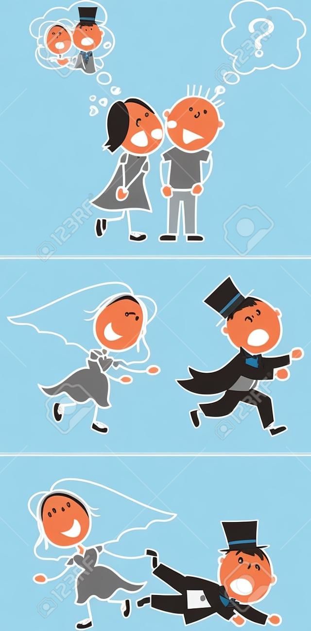 set of isolated couple cartoon, runaway groom, ideal for funny wedding invitation, vector format very easy to edit, individual objects