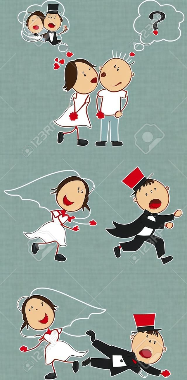 set of isolated couple cartoon, runaway groom, ideal for funny wedding invitation, vector format very easy to edit, individual objects