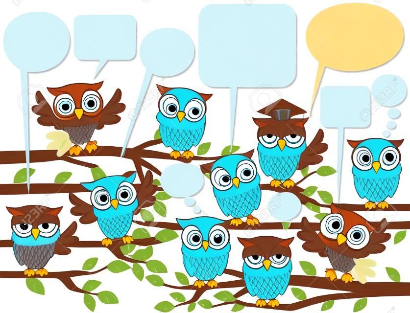 illustration of many cute owls meeting with text balloons
