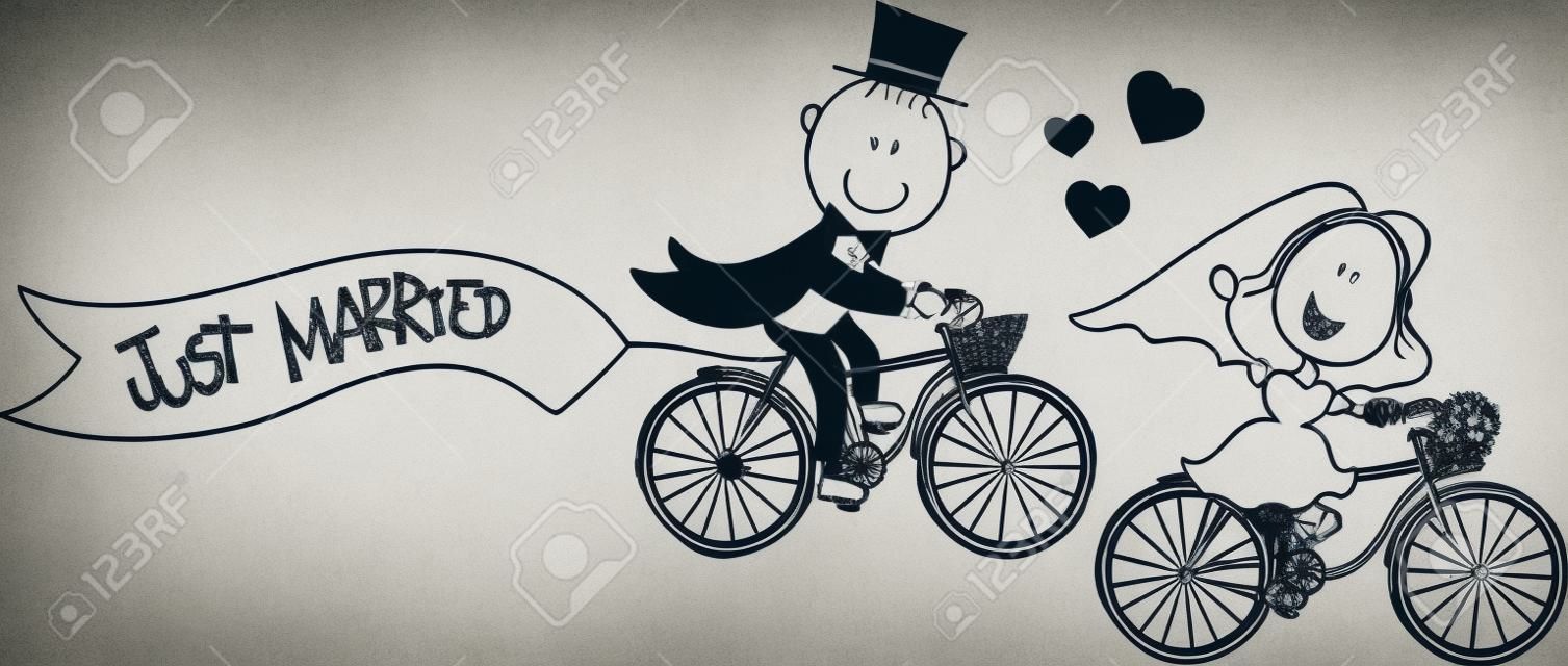 新娘和新郎骑在白色背景上的自行车