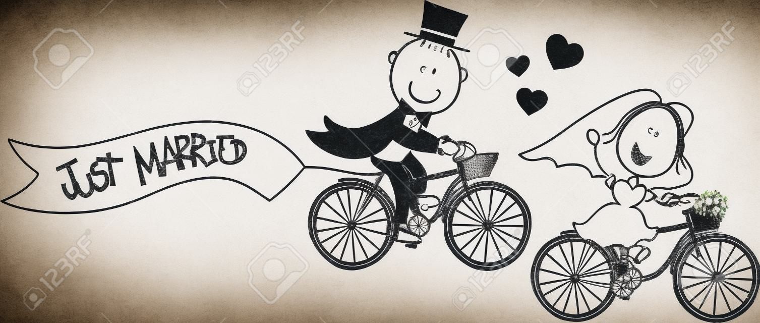 bride and groom on bicycles isolated on white background