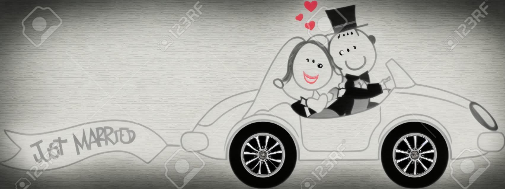 la novia y el novio en el coche aisladas sobre fondo blanco