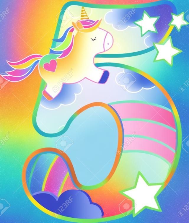 Number 5 with cute unicorn and rainbow. can be used for baby birth announcements, nursery decoration, party theme or birthday invitation. Design for baby and children