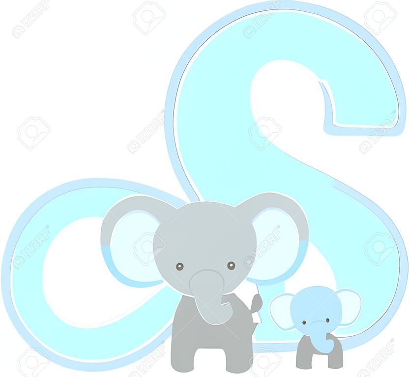 ampersand symbol with cute elephant and little baby elephant isolated on white background. can be used for father's day card, baby boy birth announcements, nursery decoration, party theme or birthday invitation