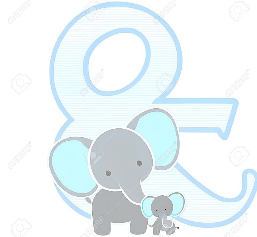 ampersand symbol with cute elephant and little baby elephant isolated on white background. can be used for father's day card, baby boy birth announcements, nursery decoration, party theme or birthday invitation