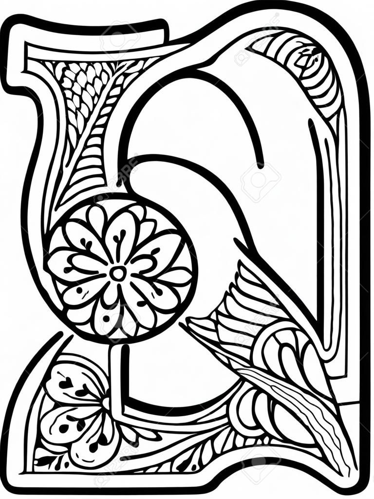 initial s in black and white with doodle ornaments and design elements from mandala art style for coloring. Isolated on white background