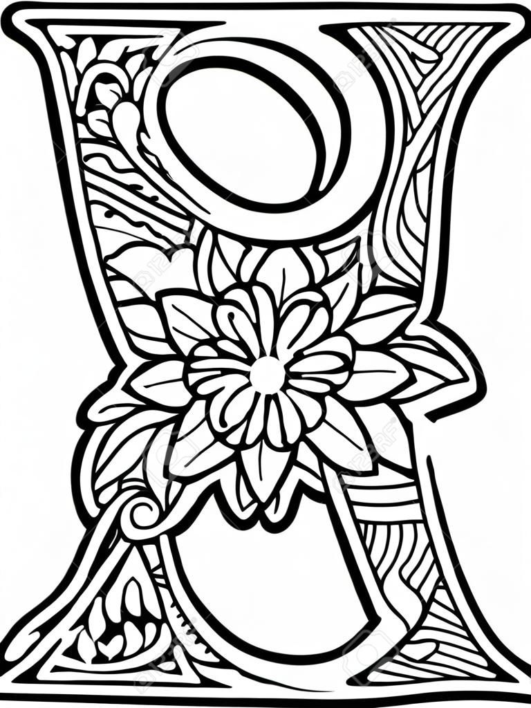 s inicial en blanco y negro con adornos de doodle y elementos de diseño del estilo de arte mandala para colorear. Aislado sobre fondo blanco