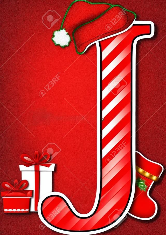 Wielka litera j z czerwonym kapeluszem świętego mikołaja i elementami świątecznymi na białym tle. może być używany na kartę świąteczną, dekorację pokoju dziecinnego lub zaproszenie na boże narodzenie