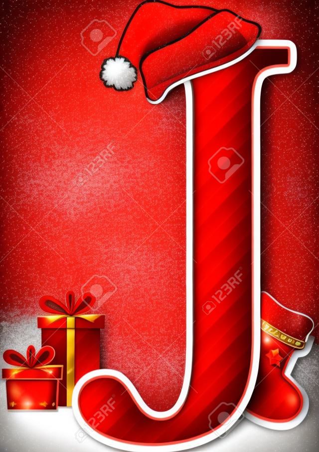 Wielka litera j z czerwonym kapeluszem świętego mikołaja i elementami świątecznymi na białym tle. może być używany na kartę świąteczną, dekorację pokoju dziecinnego lub zaproszenie na boże narodzenie