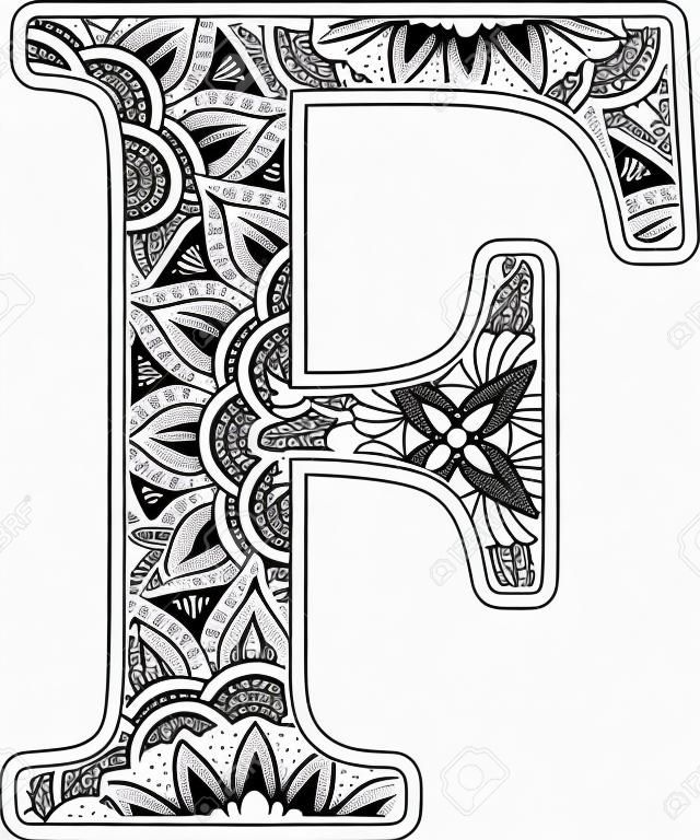 hoofdletter f met abstracte bloemen ornamenten in zwart-wit. ontwerp geïnspireerd op mandala kunst stijl voor kleuring. Geïsoleerd op witte achtergrond