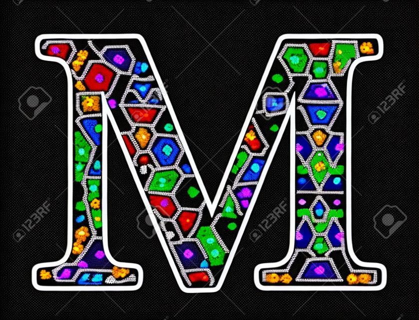 initial capital letter M with colorful dots. Abstract design inspired in mexican huichol beaded craft art style. Isolated on black background