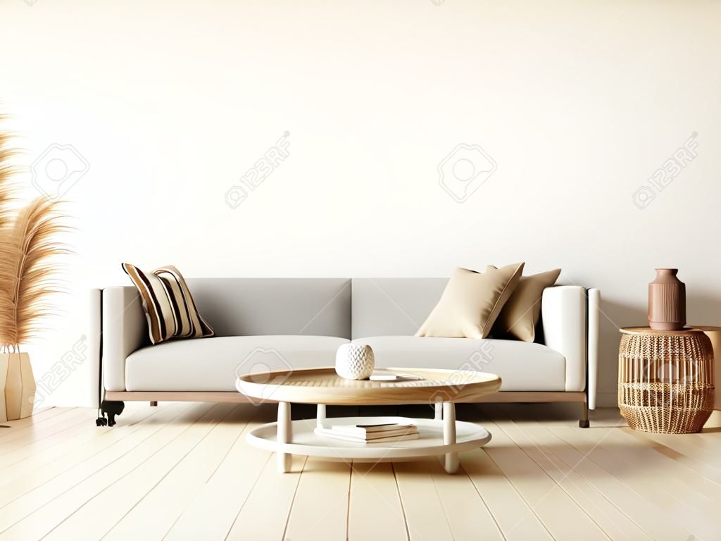 Modern interior design of living room in natural colors with dry plants decoration and empty white mock up wall background 3D Rendering, 3D Illustration