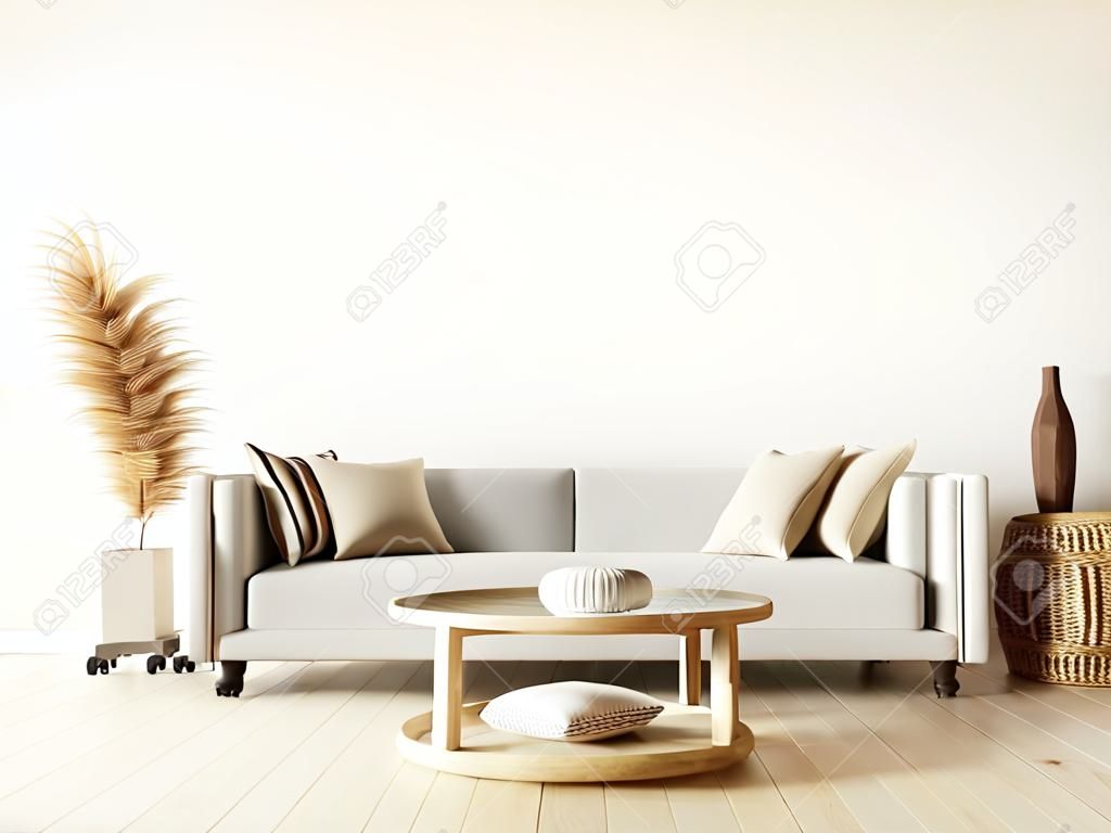 Nowoczesna aranżacja wnętrz salonu w naturalnych kolorach z dekoracją z suchych roślin i pustą białą makietą tła ściany renderowania 3d, ilustracja 3d