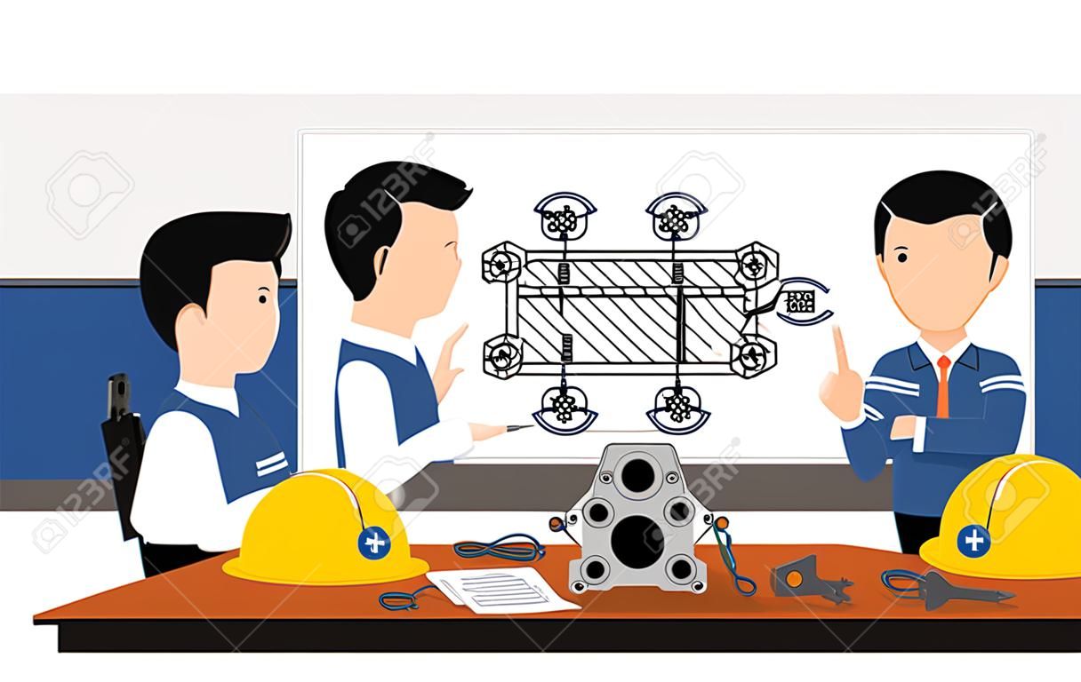 Cuatro ingeniero se están reuniendo sobre el plan de mejora de la máquina en la sala de reuniones
