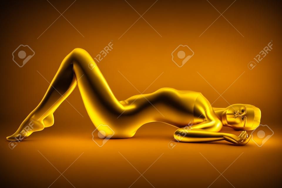 Valkyrie概念的金色雕像藝術模型的肖像，金色健康的皮膚和閃亮的睫毛完美的運動型身體，影棚拍攝