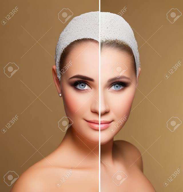 retrato comparativo de la cara femenina, con y sin maquillaje