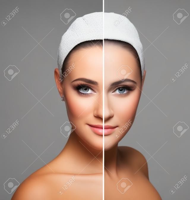 Vergelijkend portret van vrouwelijk gezicht, zonder en met make-up