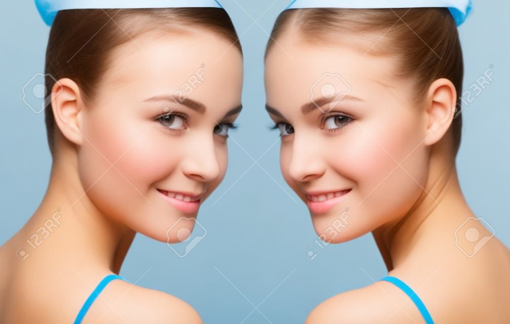 Retrato de comparação de menina com pele problemática antes e depois do tratamento
