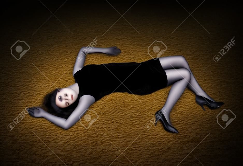 Mulher morta bonita em vestido preto deitado no chão.