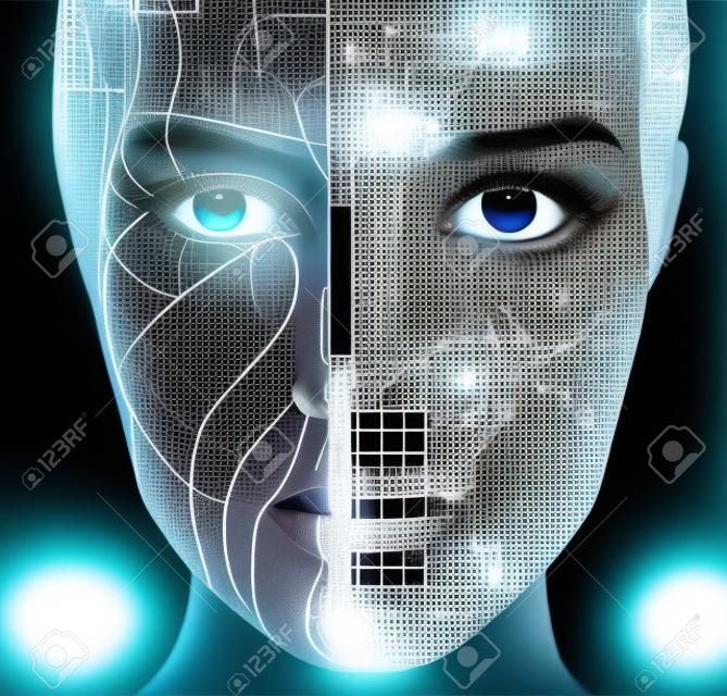 Femme cyborg avec une partie machine de son visage en cours de numérisation.