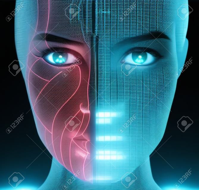 Cyborg kobieta z maszynową częścią jej twarzy jest skanowana.