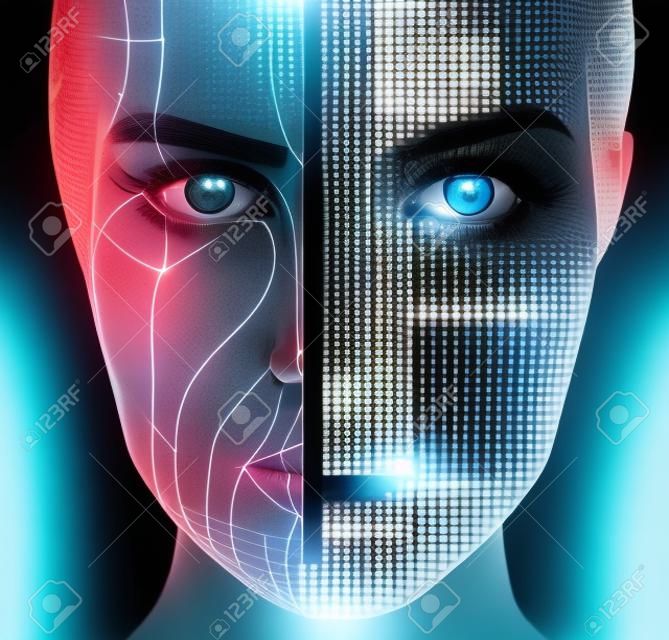 Femme cyborg avec une partie machine de son visage en cours de numérisation.