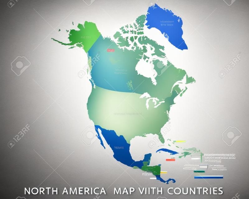 Mappa astratta del Nord America del continente colorato vettoriale con i paesi e le rispettive capitali. Il design dettagliato dell'illustrazione può essere utilizzato per la presentazione, il modello e il rapporto.
