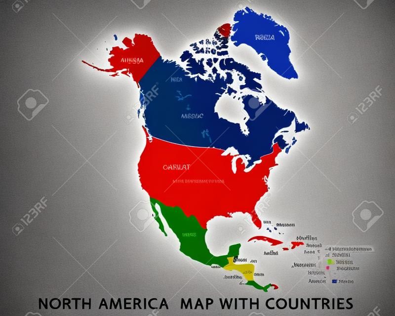 Mappa astratta del Nord America del continente colorato vettoriale con i paesi e le rispettive capitali. Il design dettagliato dell'illustrazione può essere utilizzato per la presentazione, il modello e il rapporto.