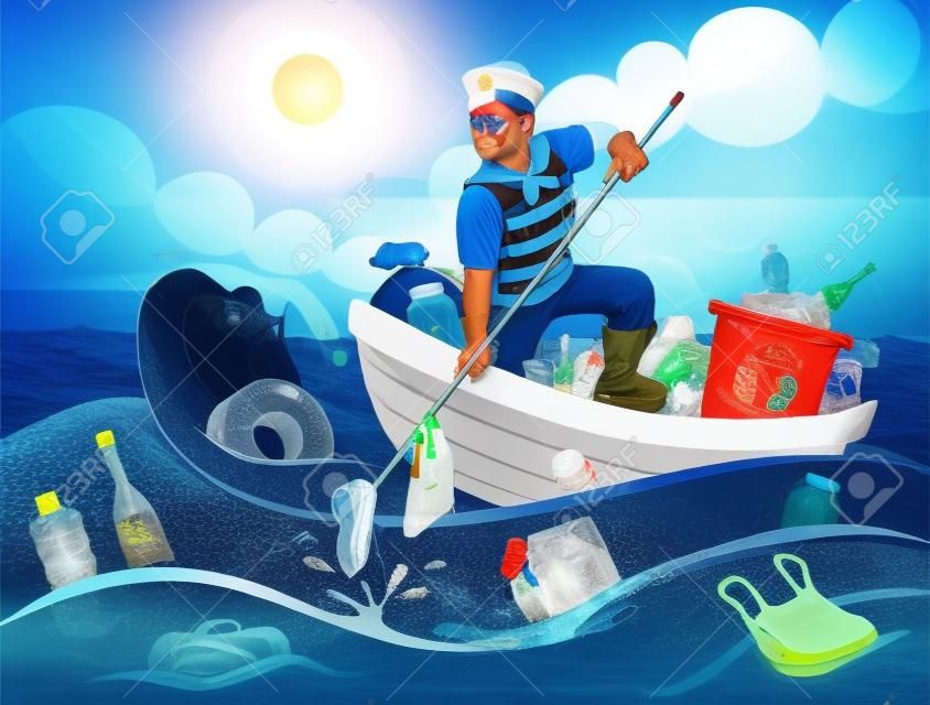 Marinaio che raccoglie immondizia e plastica in mare. Soluzione per immondizia e plastica nel mare. Inquinamento da plastica negli oceani.