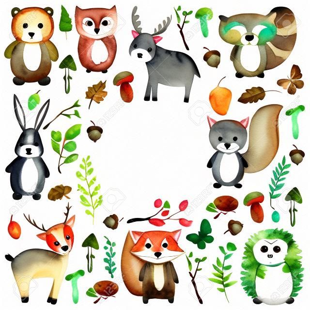 可愛的林地動物水彩動物圖標