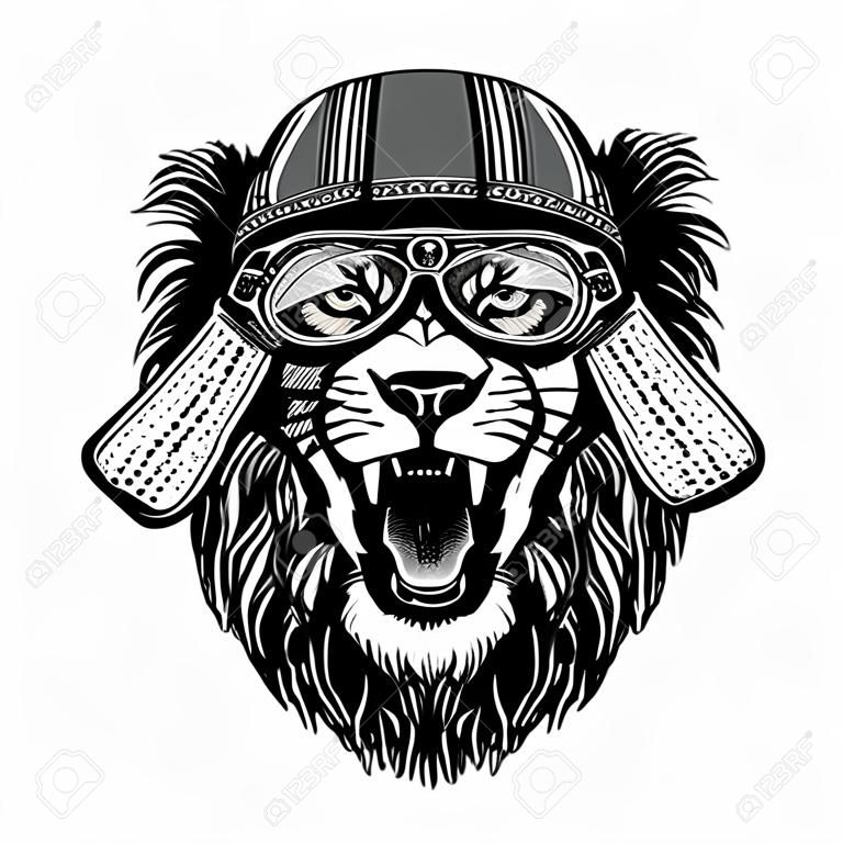 Aslan vahşi hayvan giyen motosiklet aviator sinek kulübü kask dövme, amblem, rozet, logo, yama İllüstrasyon