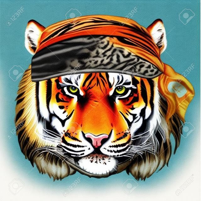 Wild tiger Wild animal wearing bandana or kerchief or bandanna Image for Pirate Seaman Sailor Biker Motorcycle