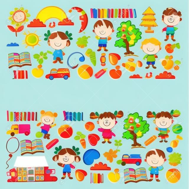 Niños en la escuela con árboles y juguetes, ilustración vectorial.