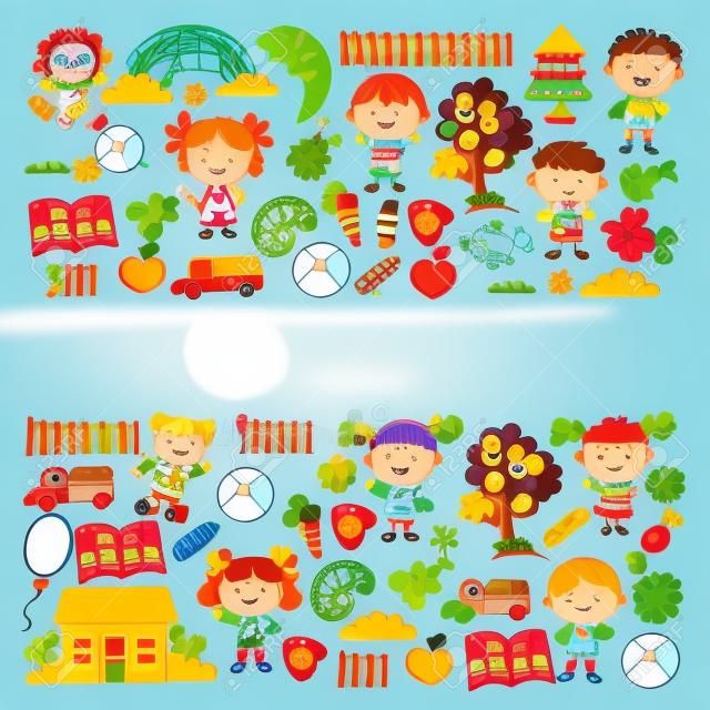 Niños en la escuela con árboles y juguetes, ilustración vectorial.
