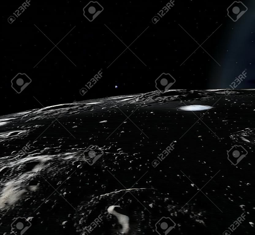 Moon surface. Realistic 3d render of moon and space. Space and planet. Satellite. Nebula. Stars.