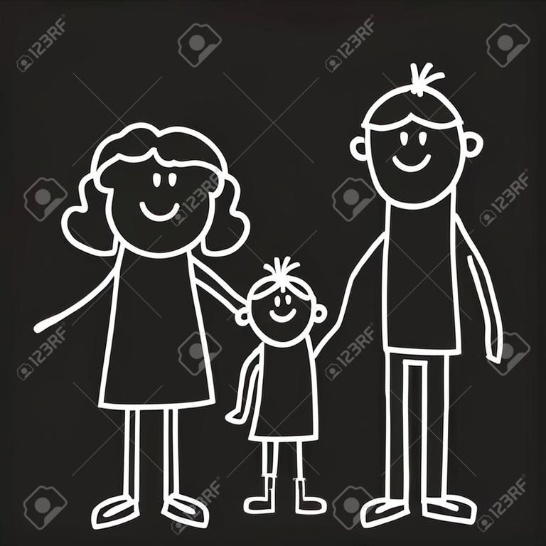 子供を持つ幸せな家族。黒板にイラスト。幼稚園のイラスト。