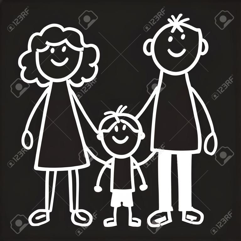 Famiglia felice con bambini. Illustrazione sulla lavagna. Illustrazione di scuola materna.