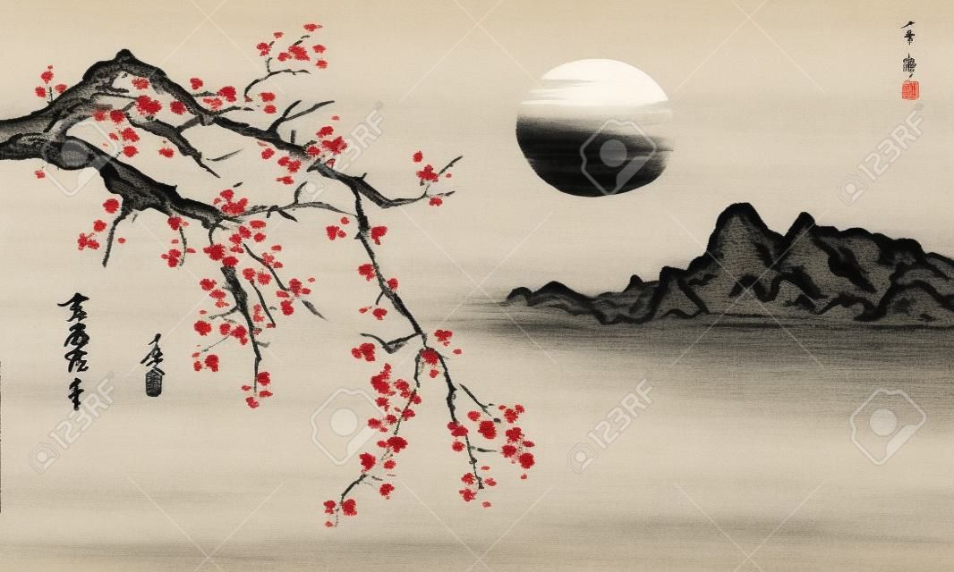 日本の伝統的な墨絵。インドのインクイラスト。日本の絵。さくら、太陽と山