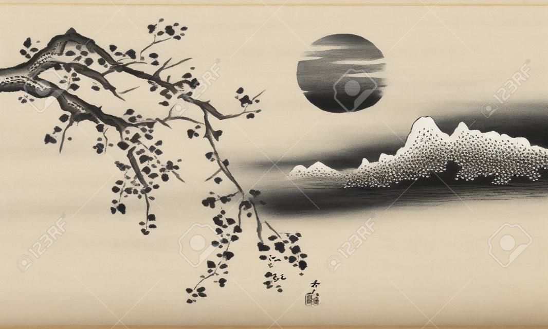 日本の伝統的な墨絵。インドのインクイラスト。日本の絵。さくら、太陽と山