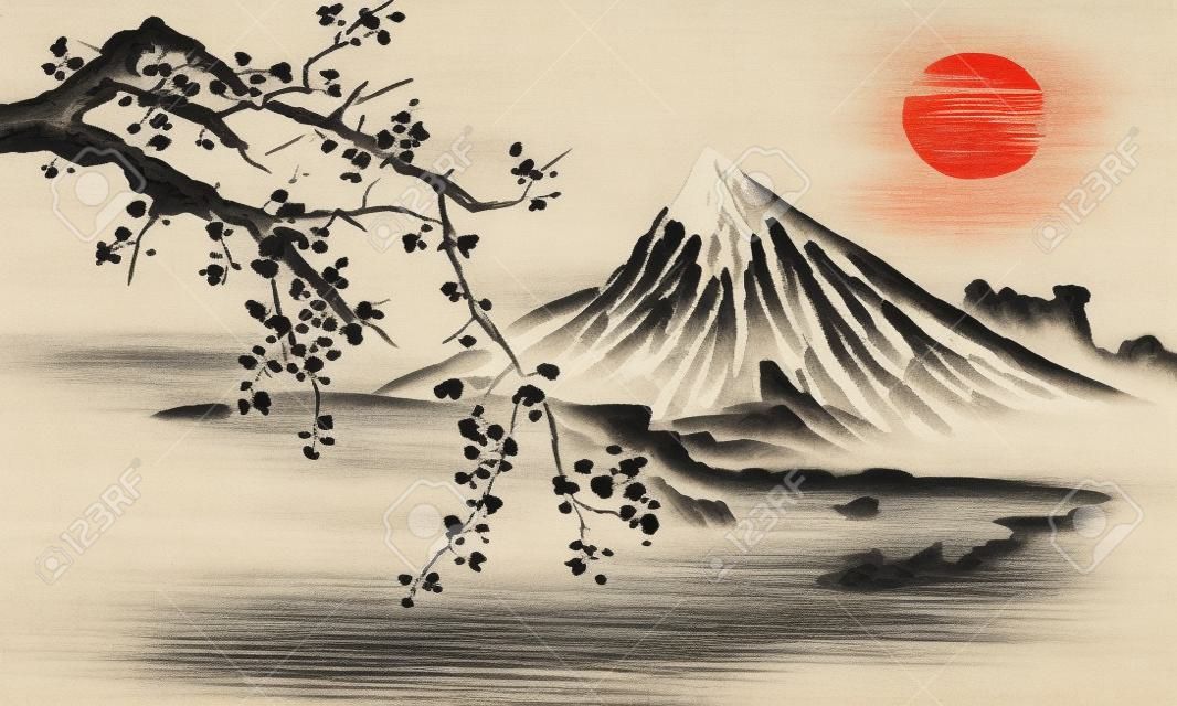 Japan traditionele sumi-e schilderij. Indiase inkt illustratie. Japanse foto. Sakura, zon en berg