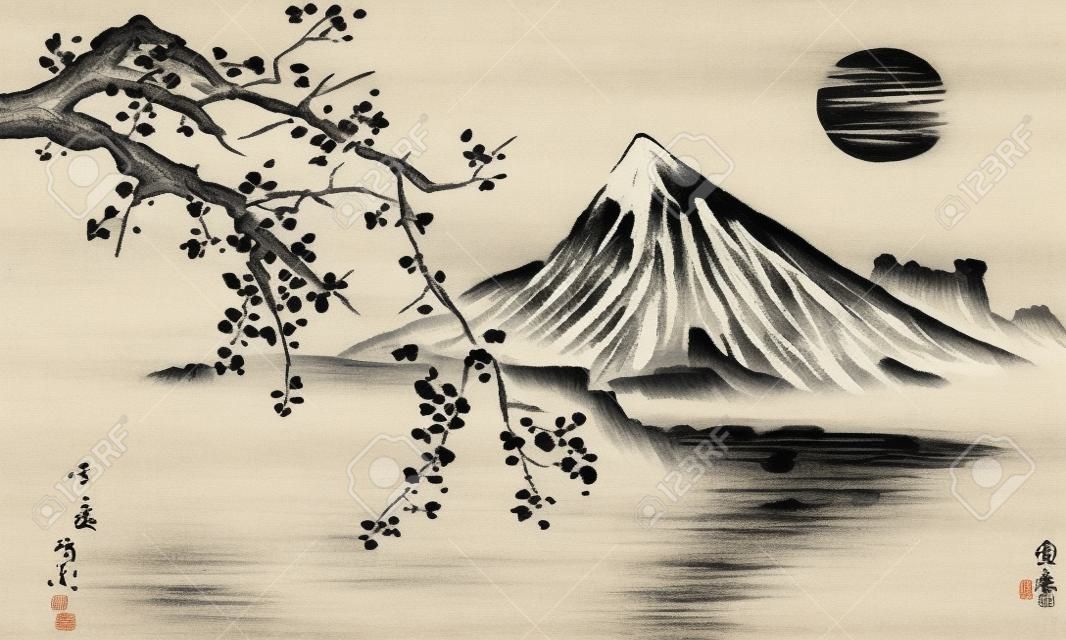 Pintura sumi-e tradicional de Japón. Ilustración de tinta china. Cuadro japonés. Sakura, sol y montaña