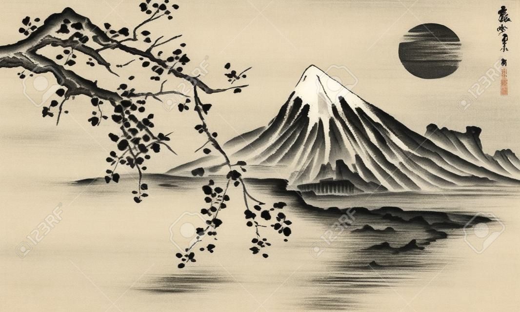 Pintura sumi-e tradicional de Japón. Ilustración de tinta china. Cuadro japonés. Sakura, sol y montaña
